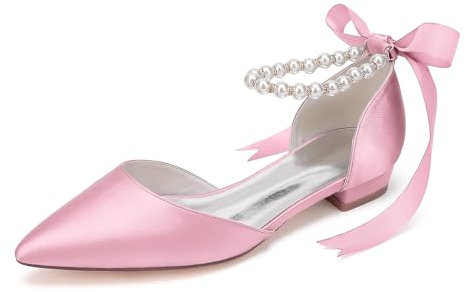 DSKHDZW Donne Raso Caviglia Strap Nuziale Flat Shoes Punta Punta Abito da Sposa Appartamenti Formale Prom Party Ballerine,Rosa,40 EU