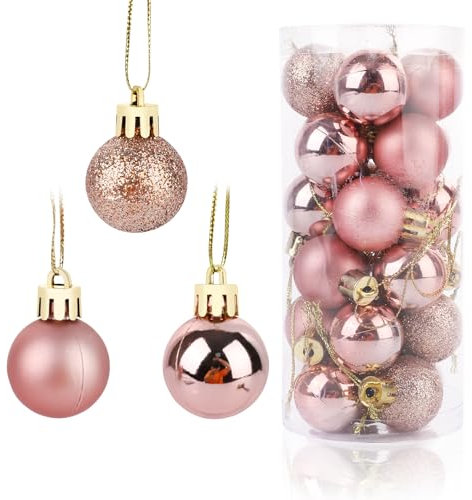 24pcs Boules de Noël, Or Rose 3 Styles Boules de Noël en Plastique avec Cordons Boules à Suspendre de Noël