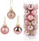 24pcs Boules de Noël, Or Rose 3 Styles Boules de Noël en Plastique avec Cordons Boules à Suspendre de Noël