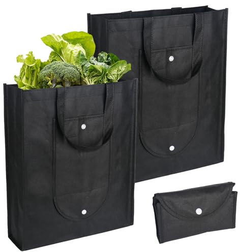 YYTECH Einkaufstasche Faltbar 2 Stück Schwarze tragetaschen mit Druckknopf und Fronttasche, 38 x 33.5 x 25.5cm Wiederverwendbare Große Einkaufstasche für Einkauf/Urlaub/Picknick