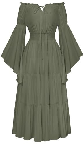 SCARLET DARKNESS Womens 2025 Summer Boho Dress Vintage Medieval Costume Off The Shoulder Bell Sleeve Green Dresses for Women UK Plus Size XL