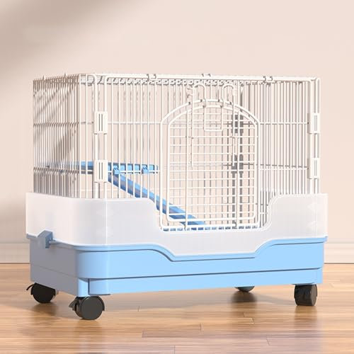 Indoor Hasenstall mit Rollen, Kleintierstall mit Plattform und Rampe, Seitlicher Spritzschutz, Leicht zu Reinigen und zu Montieren(Blue)