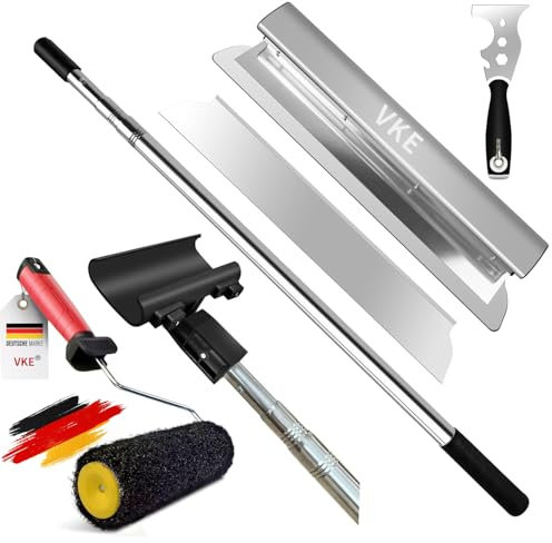 VKE Spatola per Stucco con Cazzuola Multifunzione e Lama AQngolare Curva,Impugnatura Ergonomica Kit Spatole per Stucco,1-2.1M Asta Telescopica e Pennello a Rullo per Intonacare Soffitti e Pareti 60CM