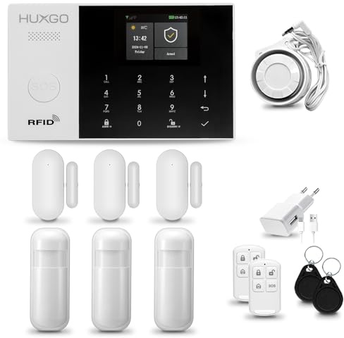 HUXGO® HXA005 Alarmanlage fürs Haus 4G + WLAN Set mit Sirene | Funk Alarmanlage Wohnung mit App. TUYA |Alarm System mit 3X Bewegungssensor, 3X Fensteralarm/Türsensoren | Smart Home