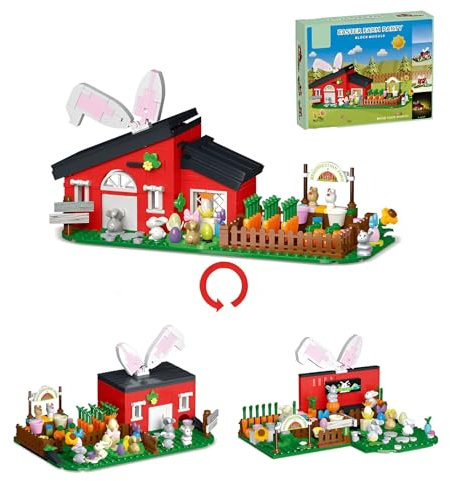 DzirePada Bunny Manor Party Bevorzugt Bausteine Bausatz, 445Stück 3 in 1 Osterkaninchen Gebäude Modell Spielzeug, Osterei Füller Klemmbausteine, Ideen Geschenke für Erwachsene Kinder