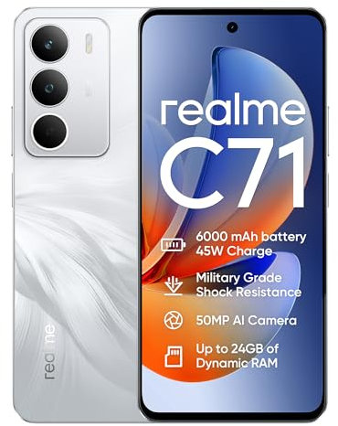 realme C71 4G Smartphone,6+128GB,Batería 6000 mAh,Carga 45W,Cámara AI de 50MP,RAM dinámica de 24 GB,120 Hz,Resistencia a Impactos de Nivel Militar,Resistencia al Agua a Diario,Blanco(Sin Adaptador)