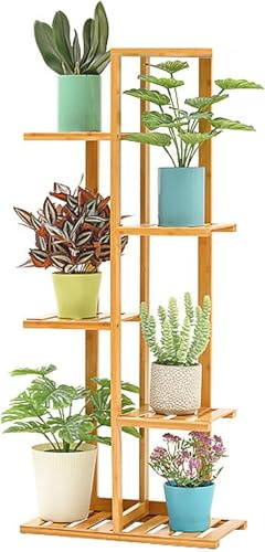 HPVERDALIVING Corner Plant Stand Indoor – 5/6-Tier Wooden Plant Stands Indoor, Tall Solid Wood Flower Pot Holder Rack for Living Room, Balcony, Porch, Vintage Retro Style (5 Layers Yellow)