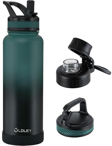 OLDLEY 1.2L Stainless Steel Water Bottle with Straw, Insulated Metal Water Bottles with 3 Lids & Handle, Double Wall Leakproof Large Vacuum Flask Keep Hot and Cold for Sports, Travel (Green Black)