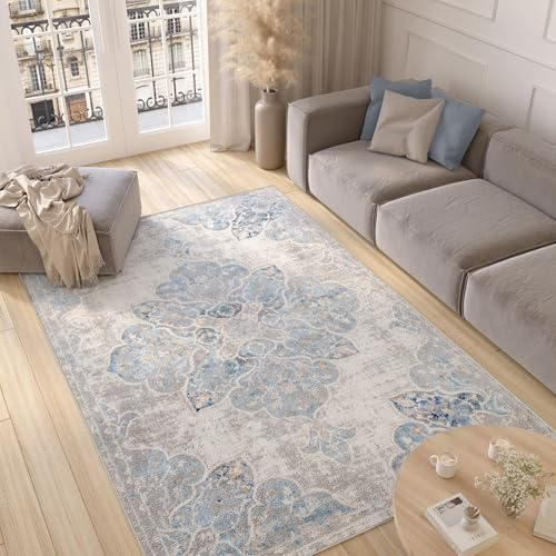 TAPISO Valley Teppich Kurzflor Weiß Blau Vintage Blumen 180 x 270 cm | Used Effekt Meliert Verwischt Wohnzimmer Schlafzimmer OEKO-TEX