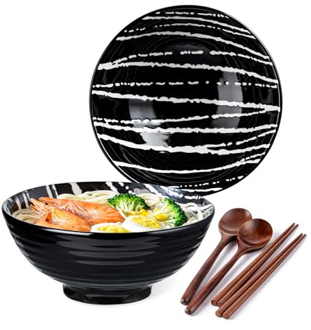 YUN TAO Set di 2 Scodelle per Ramen in Ceramica (1183 ml/40 oz) Stile Giapponese con Cucchiai e Bacchette (Nero)