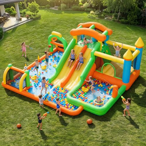 FOOING Large Inflatable Bouncy Castle with 2 Slides & Splash Pool for Kids – Dual Lane Bouncy Castle for Children Garden Backyard Party, Summer Outdoor Fun, 950w Blower, Water Gun and Climbing Wall