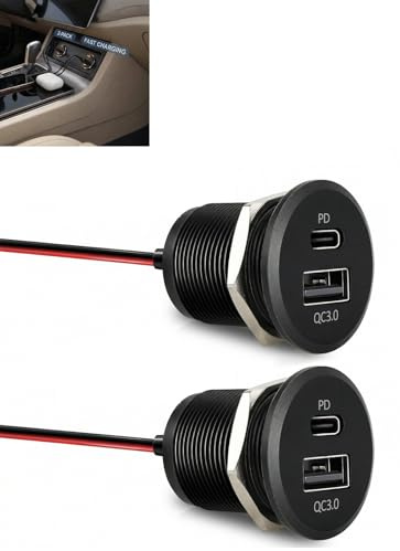 Toma de Cargador USB de 12V para Camper, 4.8A 24W de Aluminio con Doble Puerto USB-C y USB-A para Carga Rápida PD3.0 y QC3.0 - Adecuado para Barco, Autobús y Autocaravana - Panel Empotrado Pequeño Dob