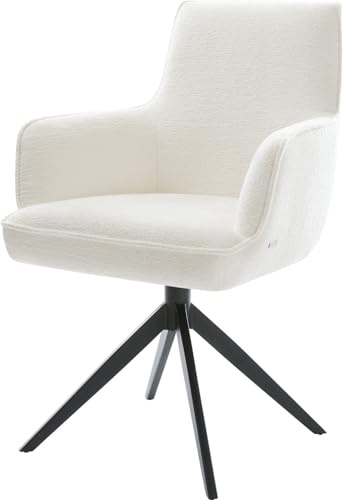DELIFE Esszimmerstuhl Heira-Flex mit Armlehnen Kreuzgestell breit Schwarz Bouclé Soft Beige 360° drehbar Wippfunktion Taschenfederkern
