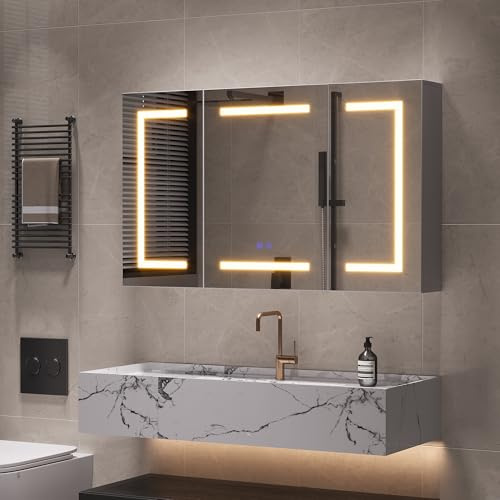 WSOFZMO Spiegelschrank Bad 100cm mit Beleuchtung, Spiegelschrank Bad mit Beleuchtung und Steckdose, Badezimmerschrank mit Spiegel und DefogFunktion, Verstellbarem Regal (Stil 01)