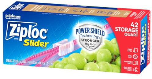 Ziploc Quart Food Storage Slider Bags, Power Shield Technology for More Durability, 42 Count