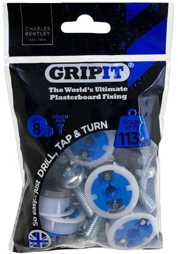 Gripit Blue Plasterboard Fixings - Pack of 8 - Heavy Duty Plasterboard Fixings for Drywall & Stud Walls, Holds Up to 113kg - for Mounting TVs, Kitchen Cupboards & Boilers - Easy Install & UK Designed