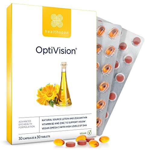 Healthspan OptiVision | Veganes Omega-3 mit hohen DHA-Werten | Enthält Vitamin B2 & Zink zur Unterstützung der Sehkraft und des Immunsystems | Vegan | Monatsvorrat: 30 Kapseln & 30 Tabletten