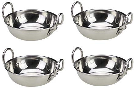 Stainless Steel Balti Dish with Handles Indian Curry Serving Dish Bowl Stainless Steel Karahi Kadai Kadhai Deep Frying Cooking Serving Pot Pan Deep Curry Pan (4, 15.5cm /6.2)