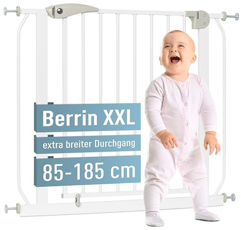 ib style Türschutzgitter Berrin XXL 85-185 - Extra breiter Durchgang, Treppenschutzgitter für Babys, Kindertreppen Gitter, Ohne Bohren, 85-95 cm, Weiß