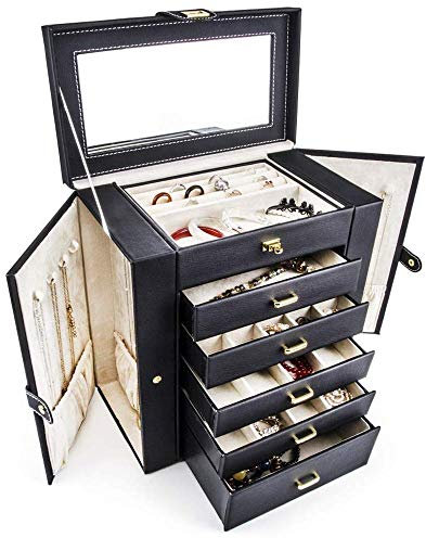 Schmuckkasten, PU Leder Schmuckkasten mit Spiegel, groß Schmuckkästchen mit 5 Schubladen