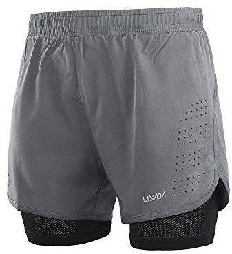 Lixada Pantalones Cortos de Running 2 en 1 para Hombres, Pantalones Cortos de Athletismo, Pantalones Cortos de Fitness maratón, Pantalones Transpirables + Secado rápido, Gris, L