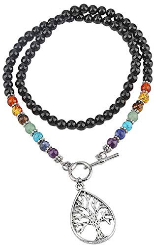 mookaitedecor Agate Noir Collier Perles Pierres Chakra Guérison Protection Pendentif Arbre de Vie pour Femme Homme
