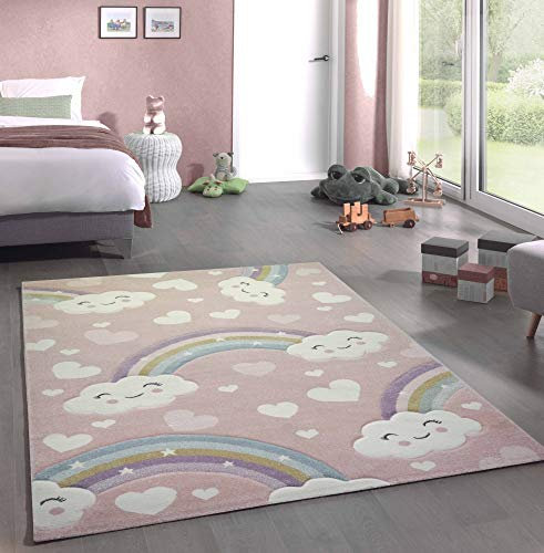 CARPETIA Kinderteppich Kinderzimmerteppich Babyteppich Regenbogen und Wolken rosa Größe 200 x 290 cm