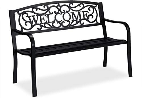 Relaxdays Gartenbank Welcome, Zweisitzer, stabil, rustikales Design, Metall Sitzbank, HxBxT: 87 x 127 x 61 cm, schwarz