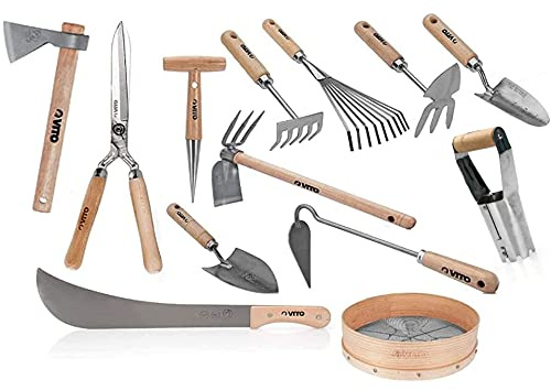 VITO Garden - Gartenwerkzeug Set aus Stahl und Holz - 13 Teile - traditionell geschmiedete und robuste Handwerkzeuge für Hobbygärtner und Gartenprofis (Set7)
