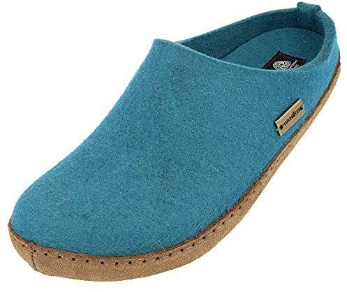 HAFLINGER Emils Toffel Filzpantoffel Hausschuh mit Ledersohle Unisex (Türkis 93) Gr 46