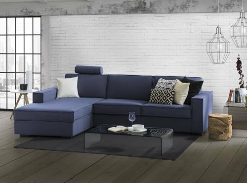 Talamo Italia - Schlafsofa mit Halbinsel Adima, drehbares Sofa zum Öffnen, Aufbewahrungshalbinsel links, schmale Armlehnen, 100 % Made in Italy, 260 x 95 x 90 cm, Blau
