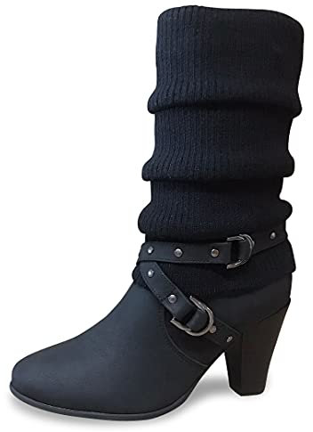 Queentina Damen Stiefel Strick Stiefeletten mit Absatz - Boots Strickschaft High Heels Reißverschluss - Outdoor Schuhe Winter - ST62 Schwarz Größe 37