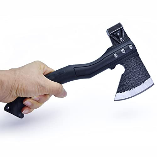 JPCRMOV Ascia Spaccalegna, Accetta Da Campeggio con Martello, Coltello Bushcraft & spaccalegna 2 in 1 per all'Aria Aperta, Affilato Ascia sopravvivenza con Manico in Fibra e Fodero di Nylon