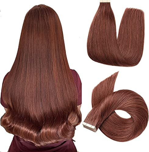 HotLulana Tape Extensions Echthaar Dunkelrotbraun Extensions Echthaar 24zoll/60cm 50g Invisible 100% Natürliche Tape in Extensions Echthaar Human Hair 20pcs Skin Weft Echthaar Extensions Tape #33.