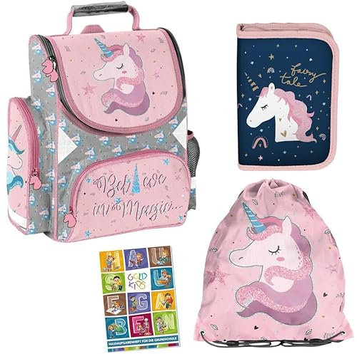 Goldkids Schulranzen Einhorn Unicorn ergonomischer Ranzen Federmappe Turnbeutel Aufgabenheft für die Grundschule 4er Set. Geeignet ab der ersten Klasse der Grundschule.
