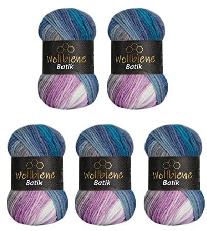 Wollbiene Batik 2030 - Ovillos de lana para tejer (5 unidades, 100 g, 500 g, degradado), multicolor