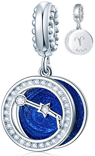 Aries Zodiac Sign Charms for Pandora Charm Bracelets - 925 Sterling Silver Necklace Pendants, 12 Constellation/Horoscope Star Dangle Birthstone Beads, Birthday Gifts Women/Men/Girls/Boys