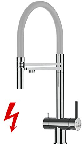Niederdruck 3 Wege Wasserhahn Edelstahl MASSIV Küchenarmatur Spültischmischer Reinstarmatur VZFX, Edelstahl Hochglanz, mit 360° schwenkbarem Grau Auslauf, abnehmbare 2 strahl Handbrause