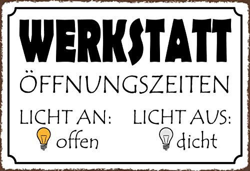 AGDeko® Blechschild 20x30cm Werkstatt Öffnungszeiten Licht aus – Licht an lustiges Tür Schild