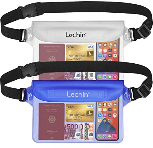 Lechin 2 Stück transparent wasserdichte Beutel mit verstellbarem wasserdichte Tasche,IP68 wasserdichte Handyhülle wasserfeste Bauchtasche für Strand,Wassersport, Schwimmen, Boot, Fahren (Blau+Weiß)
