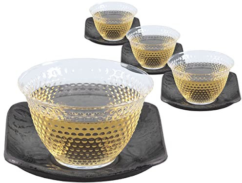 tea4chill 4 x Teetasse Glas mit Untertasse aus Gusseisen in schwarz, 90ml. Traditionelles asiatisches Set Teebecher Glas mit Untertasse. Ideal Ergänzung für Gusseisen Teekanne.