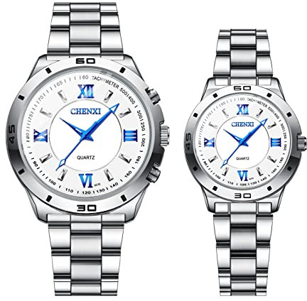 JewelryWe Paar Uhren Analog Quarz 30M Wasserdicht Pärchen Armbanduhr Klassisch Römische Ziffern Edelstahl Armband Partner Freundschaft Uhr mit Leuchtend Zeiger & Uhrenwerkzeug Weiß