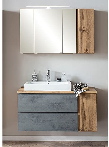 Lomadox Waschplatzset inkl. Keramik-Waschbecken Links und LED Beleuchtung, Wotan Eiche Nb. mit Beton Optik, B/H/T ca. 105/200/47 cm