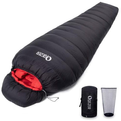 QEZER Daunenschlafsack Winter Daunen Schlafsack Outdoor 0°C bis -23°C für Erwachsener und Kind Alle Jahreszeiten Camping (Schwarz -12°C)