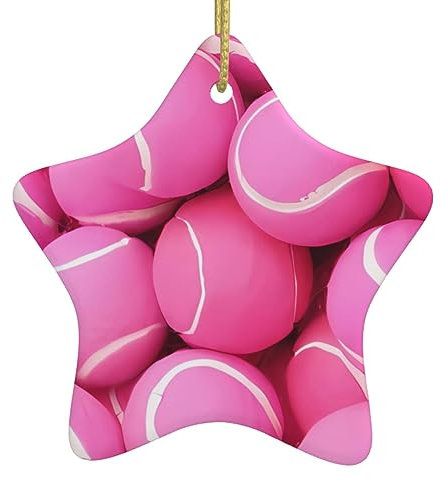 Christmas Ornaments Bright Pink Tennis Balls Printed Ceramic Hanging Ornament With Gold String Porcelain Christmas Tree Ornament Decorations