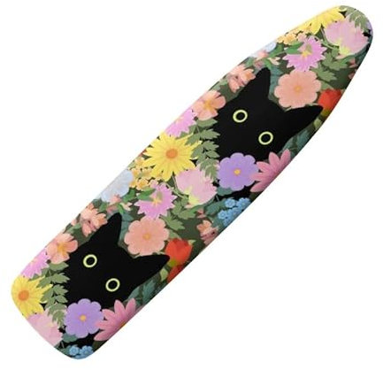 Jndtueit Bügelbrettbezug mit Katzenblume, Cartoon-Kätzchen, 137 x 38 cm, mit Polsterung, kratzresistent, buntes Blumenmuster, elastischer Rand und Riemen