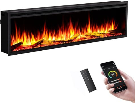 FLAMME 72”/183cm Castello Platinum Smart Inset Media Wall Electric Fireplace Compatible with Alexa and Google Assistant Deep Fuel Bed Perfect for Media Wall