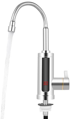 TESUGN Elektrischer Wasserhahn, 3000W Wasserhahn mit Durchlauferhitzer Küche, 360° Drehbar Edelstahl Elektrische Küchenarmatur Heizung Wasserhahn, LED Temperaturanzeige, Geeignet für Badezimmer Küche