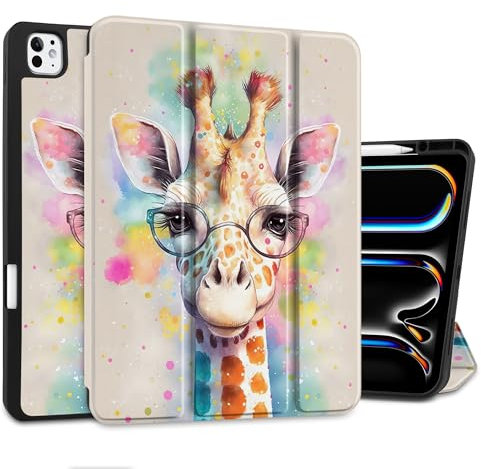 MEEgoodo Schutzhülle für M4 iPad Pro 13 Zoll 2024, Tablet-Hülle mit dreifach faltbarem Ständer + Stifthalter + automatische Wake/Sleep-Funktion + weiche TPU-Rückseite für Kinder, Giraffe