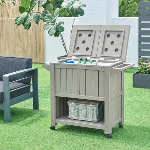casa.pro Carrito Nevera Arsita para Bebidas Carro de Servicio Multiusos con Bolsa de Nevera Carro Auxiliar para Jardín Balcón Barbacoa PVC Plástico 102 x 47 x 87 cm - Beige